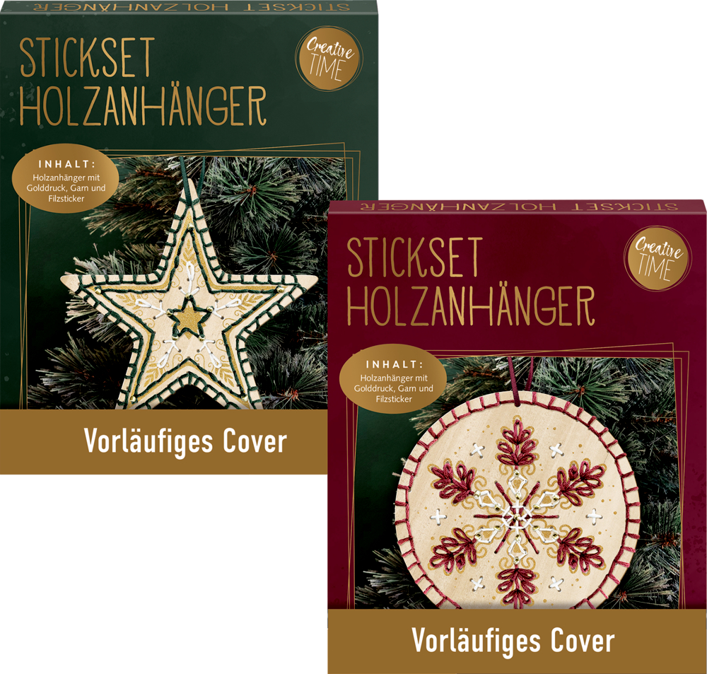 Zwei Sticksets für Holzanhänger, eines mit sternförmigem, eines mit rundem Motiv auf dunklem Hintergrund.
