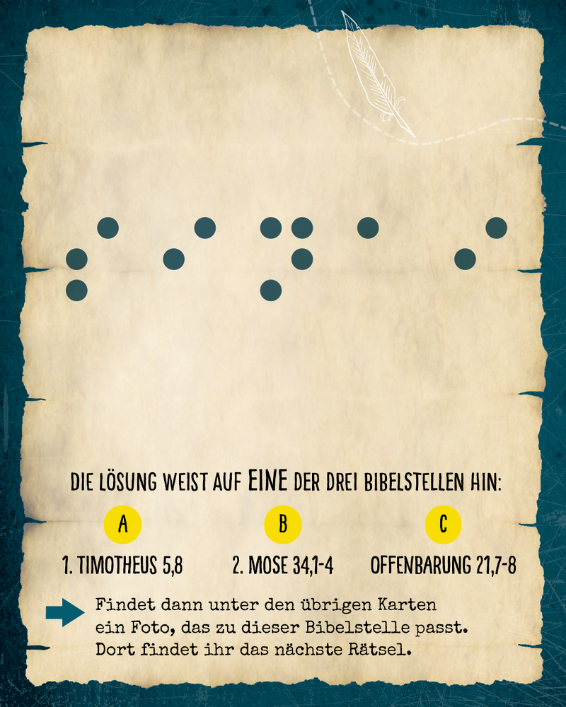 Rätselkarte mit Punkten, drei Bibelstellen zur Auswahl und Anweisung, ein passendes Foto aus den anderen Karten zu wählen, das zu dieser Bibelstelle passt.