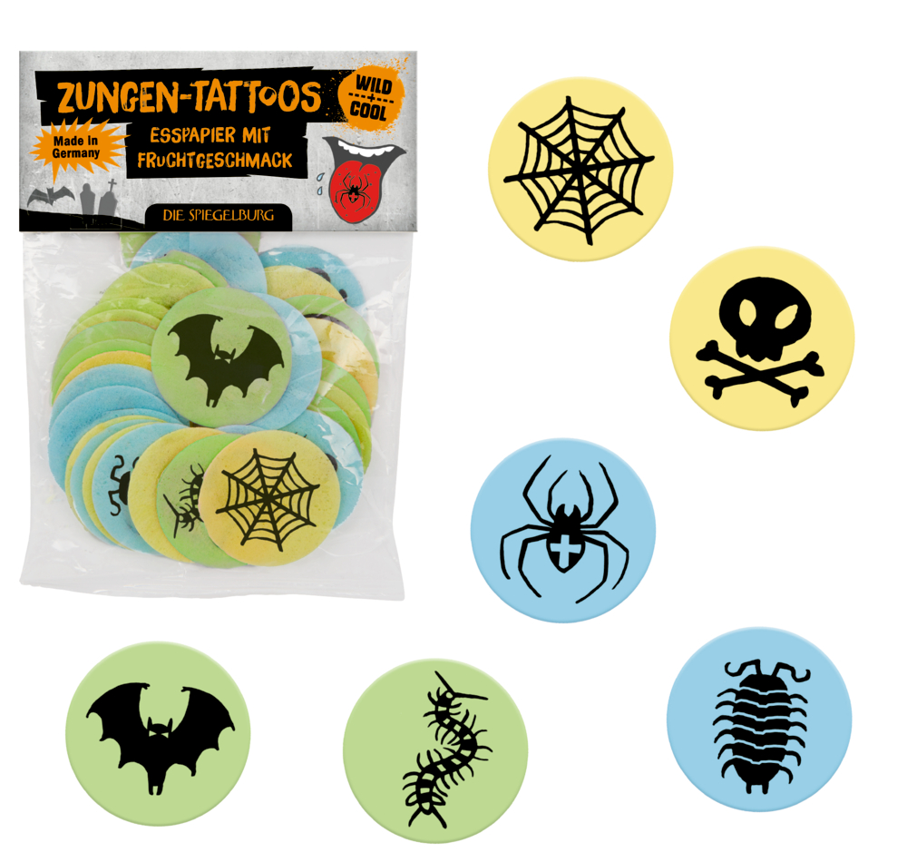 Essbare runde Zungentattoos mit schwarzen Halloween-Motiven: Spinnen, Fledermäuse, Netze und Totenkopf mit gekreuzten Knochen.