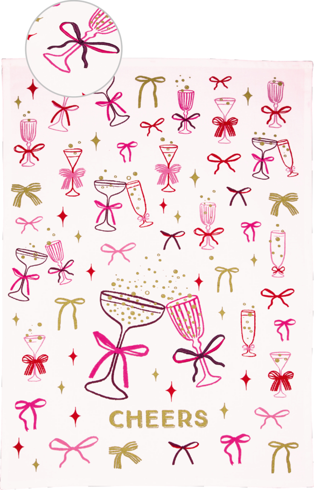Weißes Geschirrtuch mit rosa, roten und goldenen Gläsern, Schleifen und Sternchen sowie goldener Aufschrift „CHEERS“, oben eine Nahansicht von der Stickerei einer Schleife.