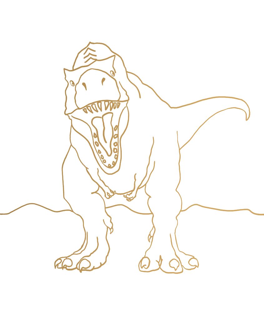 Ausmalbild eines brüllenden T-Rex, der auf unebenem Boden steht.