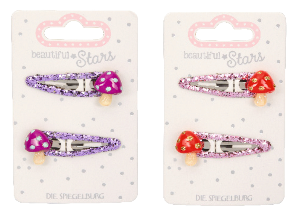 Haarclips Glückspilz no.2 - beautiful Stars Zwei Trägerkarten mit je 2 glitzernden Haarspangen mit Pilzverzierung.