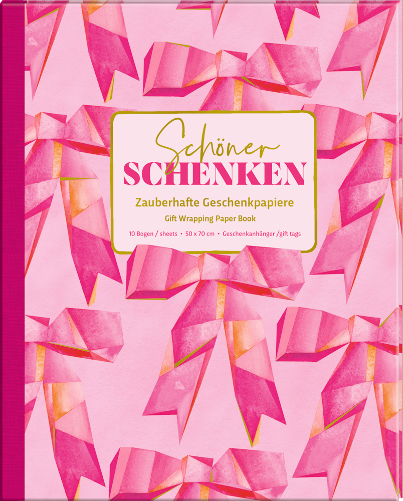 Geschenkpapier-Buch: Schöner schenken - All about pink Rosafarbenes abstraktes Geschenkpapierbuch mit goldenem Text auf rosa gemustertem Hintergrund.