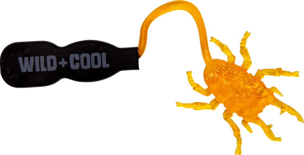 Ein gelber, klebriger Spielzeugkäfer haftet an einem schwarzen Greifer.