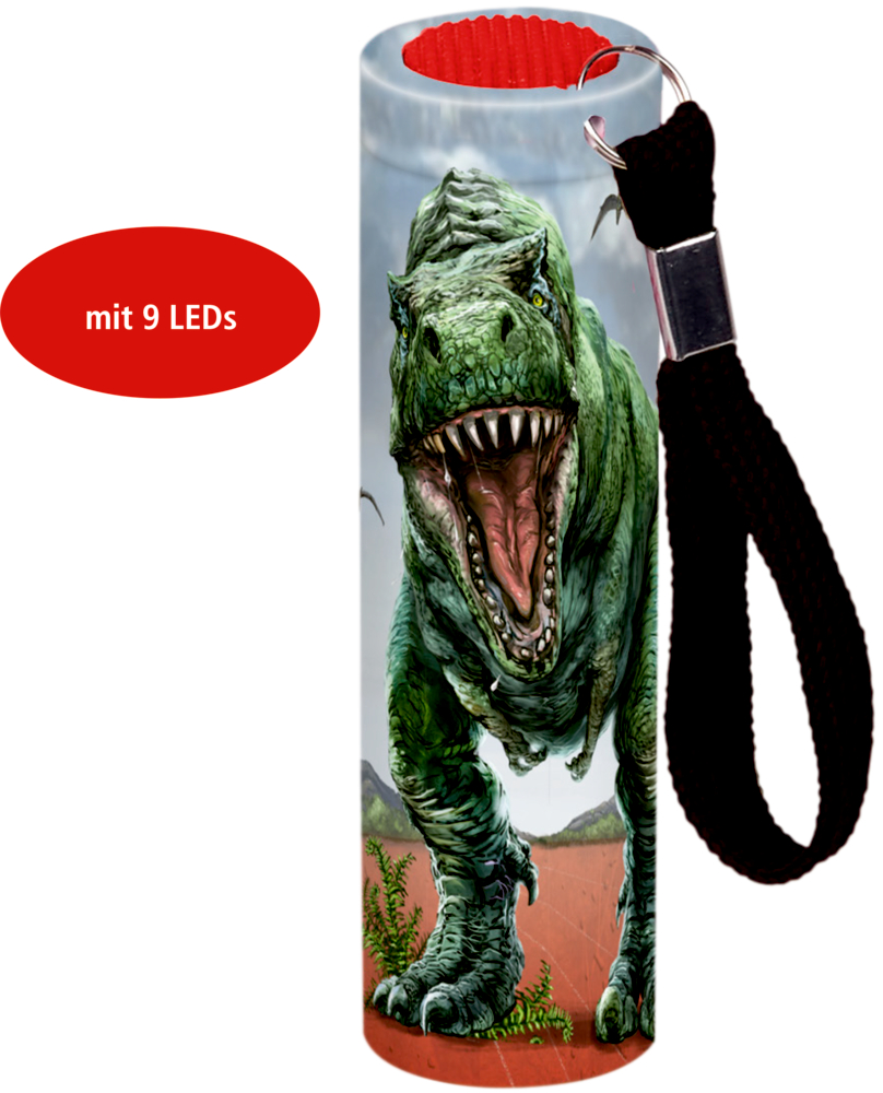 T-Rex-Taschenlampe mit schwarzem Riemen, rotem Etikett und 9 LEDs.