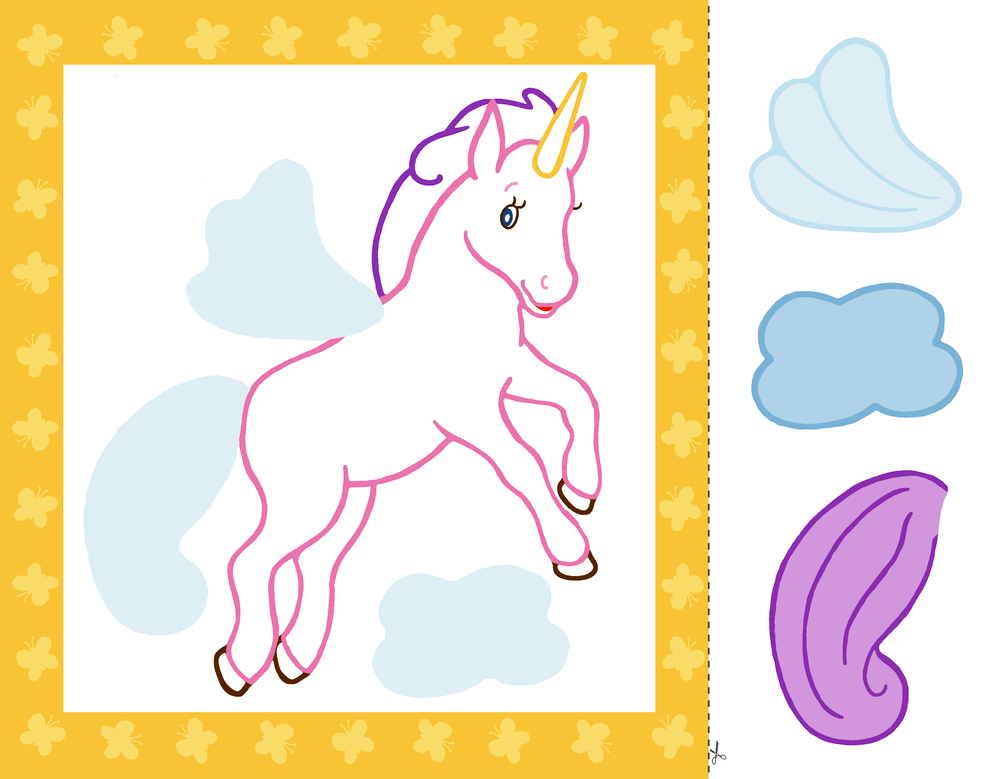 Weißes Buchcover mit rosa Rahmen mit rosa Einhorn und Illustrationen von Klebestift, Buntstift und Schere.