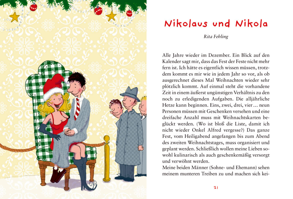 Eine Frau im Weihnachtskostüm sitzt auf Santas Sessel, daneben lächeln zwei Kinder und ein Mann im grauen Anzug, auf einer Doppelseite mit Text.