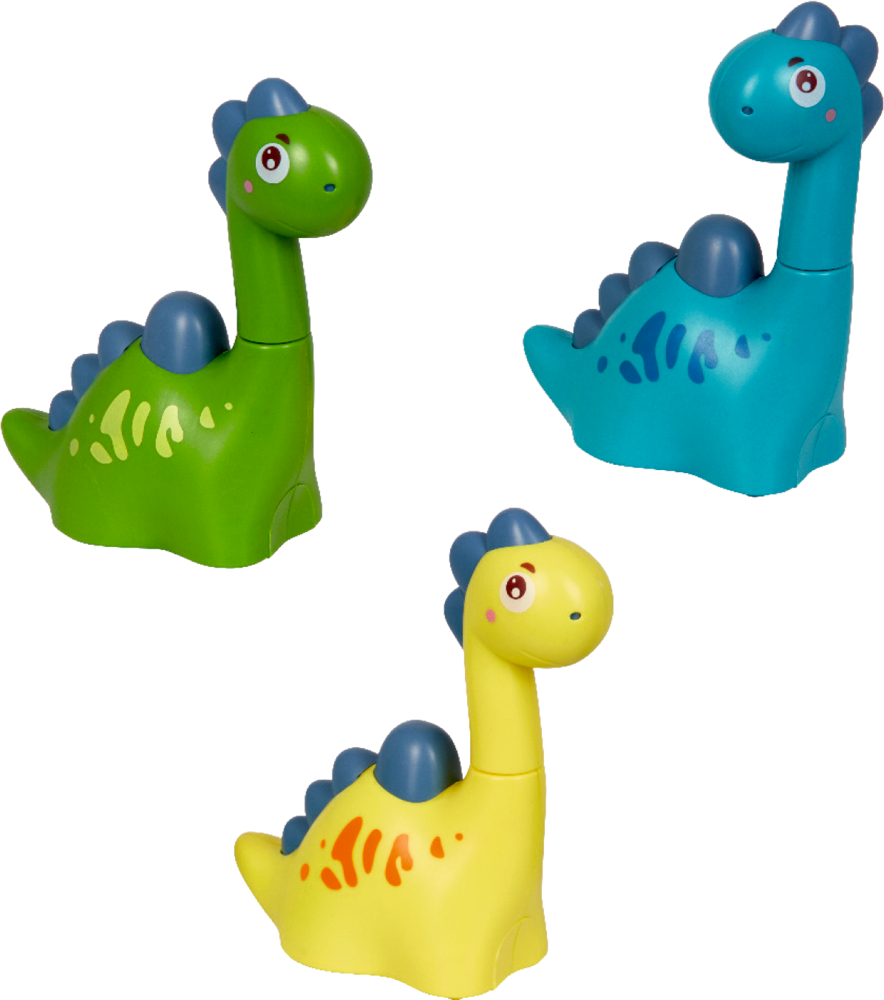 Dino-Flitzer - Dino Friends Drei süße Spielzeugdinosaurier – grün, blau und gelb – mit abgerundeten Stacheln und freundlichen Gesichtern.