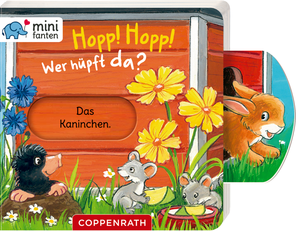 minifanten 19: Hopp! Hopp! Wer hüpft da? Lebendiges Kinderbuchcover mit Tieren, Blumen und einem Kaninchen, das rechts auf einem Schieber aus einem Holzstall herausschaut.