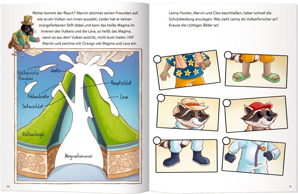 Beschriftetes Vulkandiagramm. Rechts davon eine Zuordnungsaufgabe mit Teilen einer Waschbärenillustration.