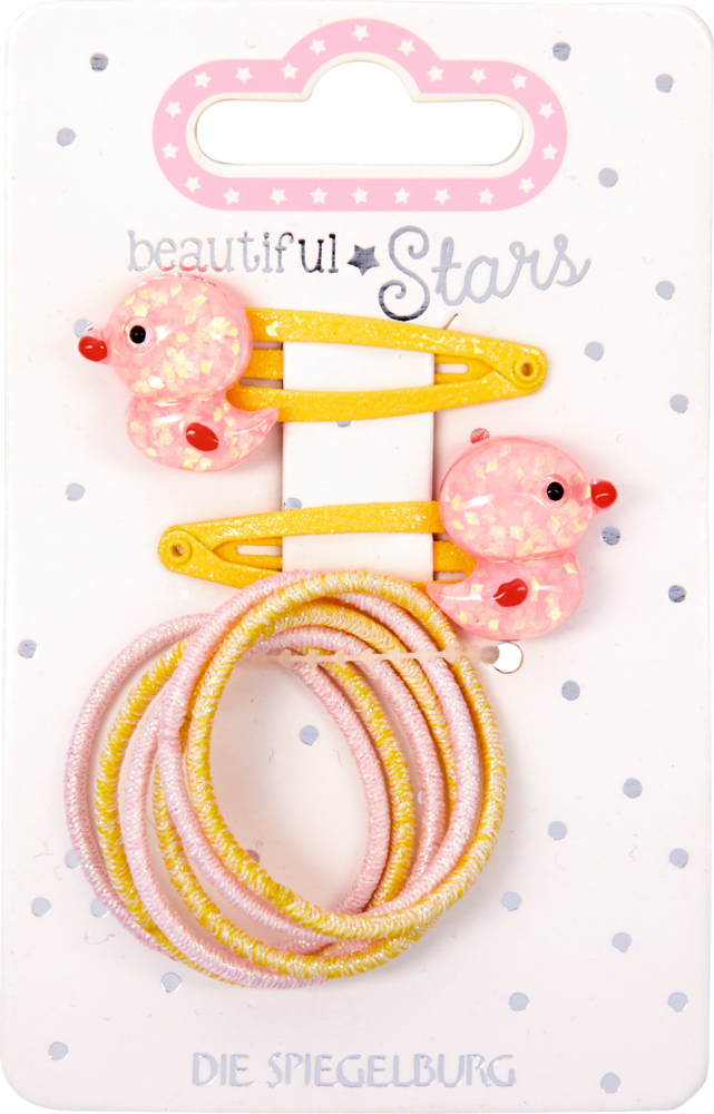 Zwei gelbe Haarspangen mit Enten und sechs pastellfarbene Haargummis auf Karte „Beautiful Stars“.