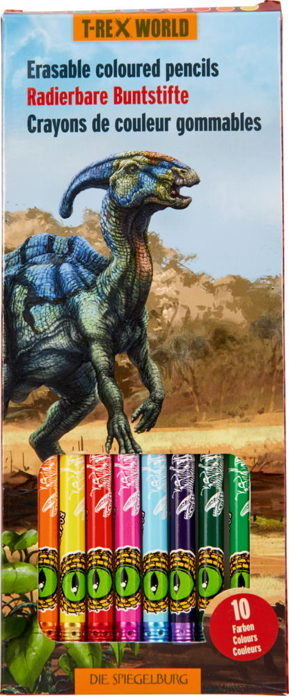 Radierbare Buntstifte - T-Rex World Pappschachtel mit Dinomotiv und radierbaren Buntstiften im Sichtfenster.