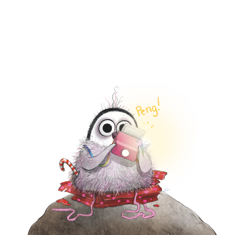 Pipi Popo Penguin auf einem Stein mit einer Kamera
