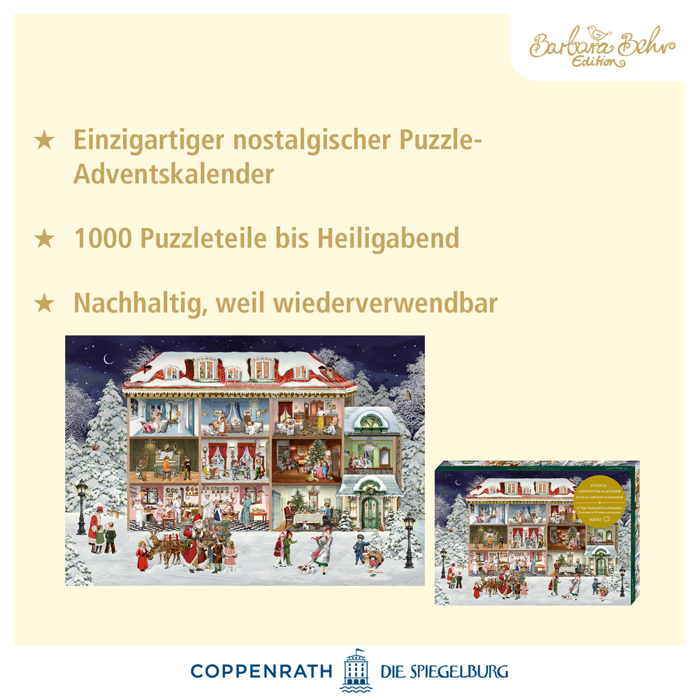 Nachhaltiger Puzzle-Adventskalender mit Weihnachtsmotiv: 1000 Teile, jeden Tag ein Stück bis Heiligabend.