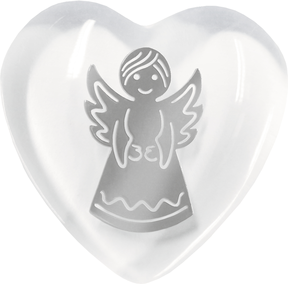 silber, Handschmeichler Kunstharz - Herz mit Engel Herzförmiges Glasornament mit einem lächelnden Engel im Inneren.