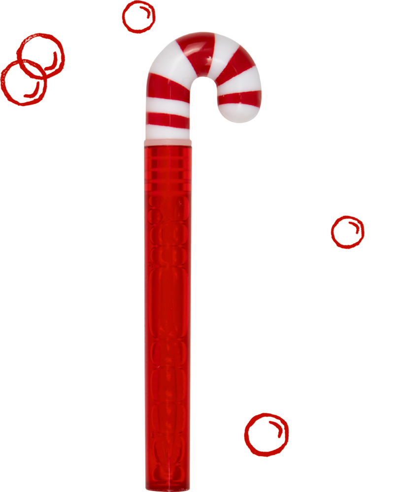 Seifenblasenstab in Zuckerstangenform in Rot und Weiß, mit roten Seifenblasen auf weißem Hintergrund.