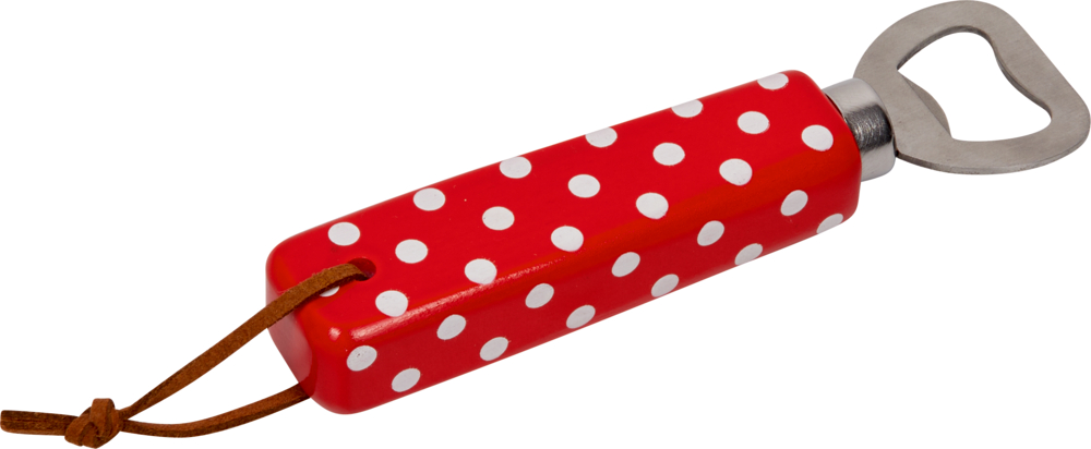 Flaschenöffner - Fröhliche Tupfen Roter Flaschenöffner mit weißen Punkten, Metallspitze und braunem Lederband am Griff.