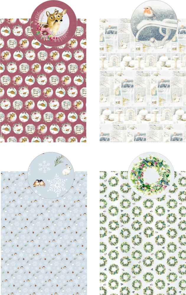 Vier Geschenkpapierdesigns mit winterlichen Motiven: Rehe, Vogel im Schnee, Schneetiere auf hellblauem Grund und grüne Kränze auf Weiß.