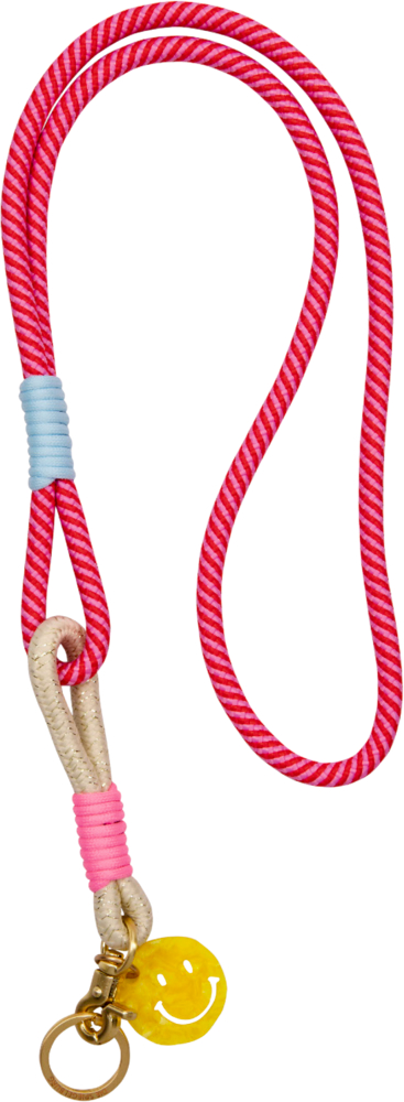 Pink-rosa gestreifte Kordel mit gelbem Smiley-Anhänger und goldenem Verschluss.