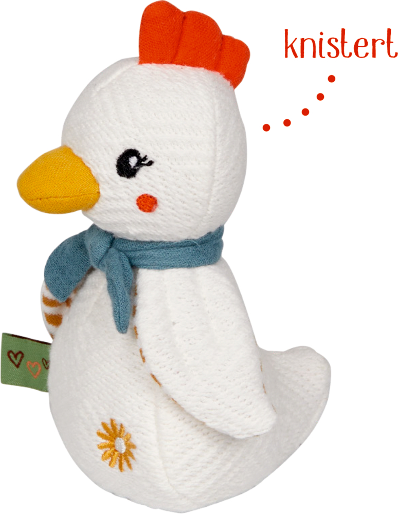 Weißes Plüschhuhn mit orangefarbenem Kamm, gelbem Schnabel, blauem Schal und dem Text "knistert".