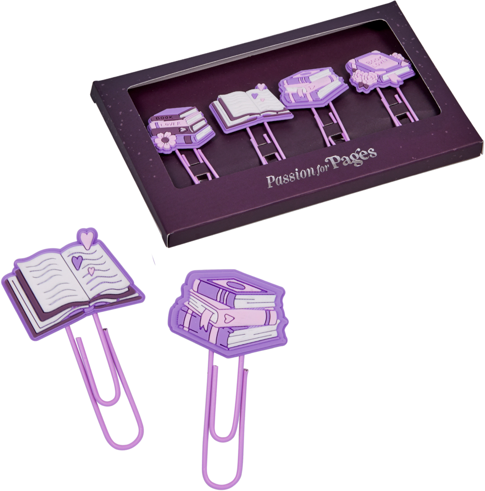 Set aus vier lilafarbenen Büroklammern mit Buchmotiven aus Gummi in Verpackung, zwei davon vor der Verpackung platziert.