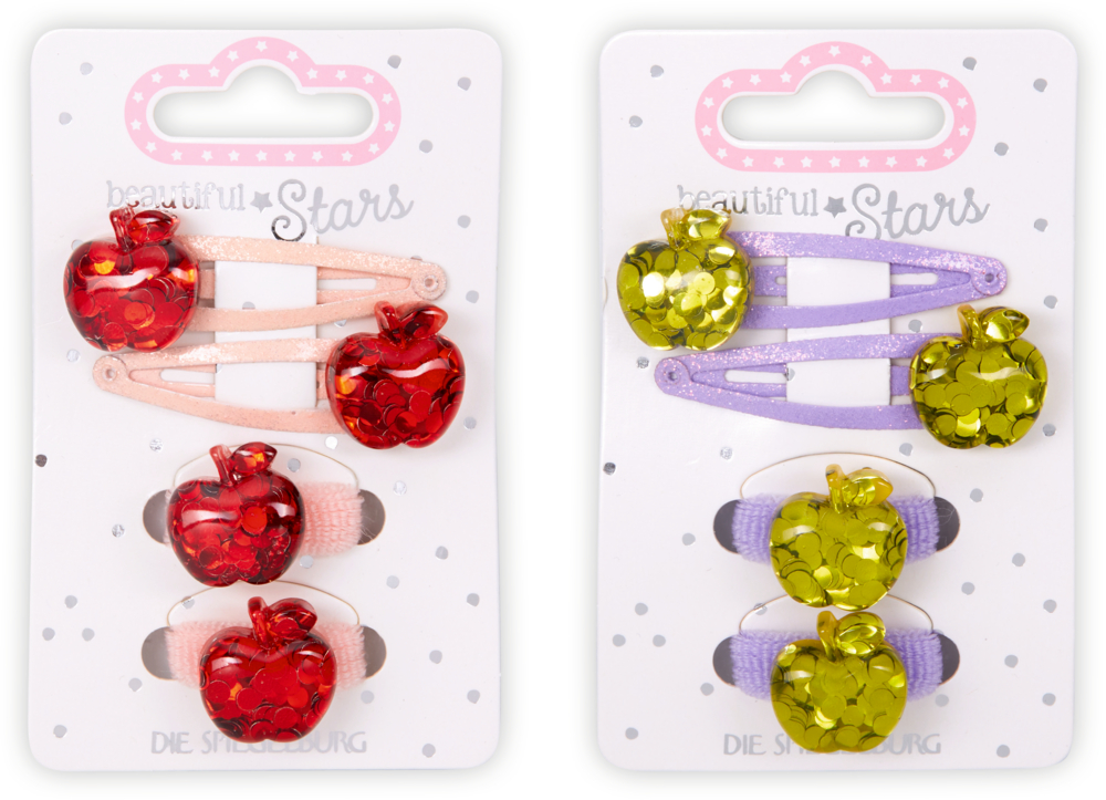 Zwei Sets glitzernder Apfel-Haarspangen für Kinder: eine rot/pink, eine grün/lila, jedes Set auf einer Karte.