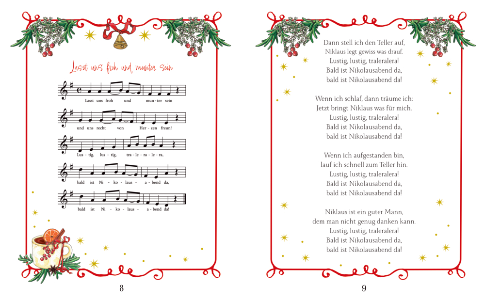 Zweiseitige Weihnachtsliedseite mit Noten, Liedtext und rotem Rahmen mit Tannenzweigen, Beeren, Sternen und Glocke.