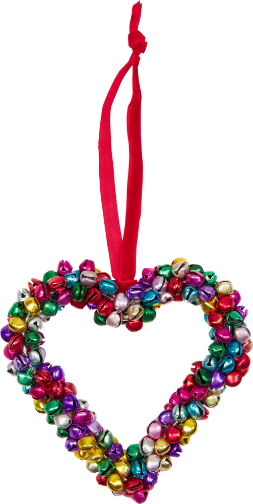 Bunte Glöckchen bilden ein herzförmiges Ornament, das an einem roten Band hängt.