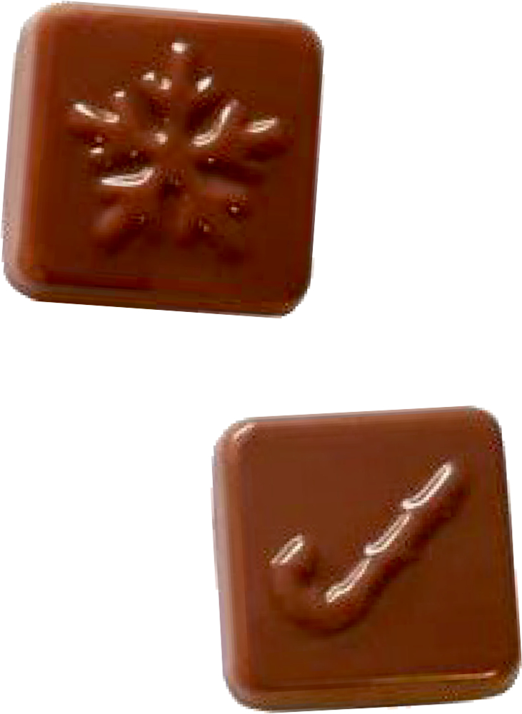 Zwei quadratische Schokoladenmotive: eines mit einem Schneeflocken-Design, das andere mit einer Zuckerstange.