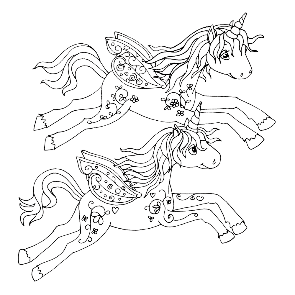 Zwei verzierte fliegende Einhörner mit Flügeln, gemusterten Körpern und wehenden Mähnen zum Ausmalen.