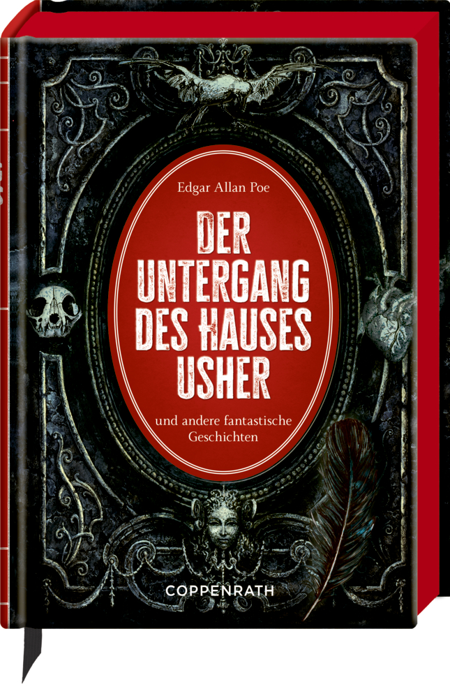 Kleine Schmuckausgabe: E.A. Poe, Der Untergang des Hauses Usher  Buchcover mit gotischen Motiven, Totenköpfen, Feder und mit dem Titel: Der Untergang des Hauses Usher.