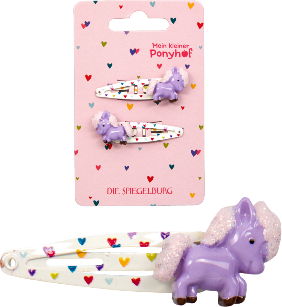 Zwei weiße Haarspangen mit bunten Herzen und lila glitzernden Pony-Verzierungen auf rosa Verpackung.