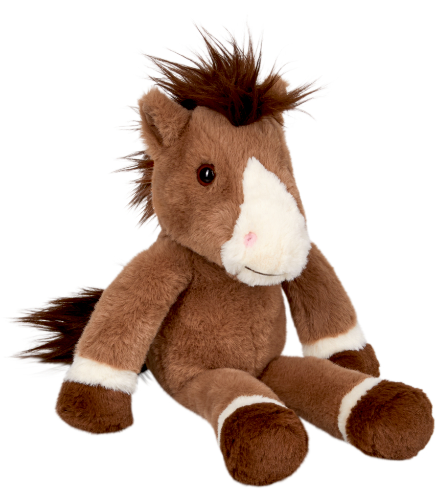 Pony Tony - Mein kleiner Ponyhof Braun-weißes Plüschpferd mit flauschiger Mähne und Schweif, aufrecht sitzend.