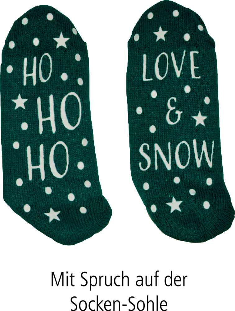 Zwei dunkelrüne Socken-Sohlen mit weißem „HO HO HO“- und „LOVE & SNOW“-Schriftzug, verziert mit weißen Sternen.