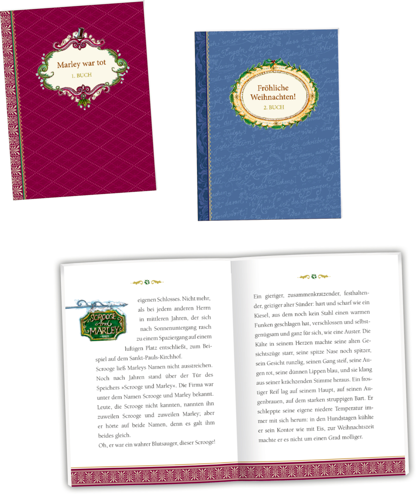 Zwei verzierte Buchcover und ein offenes Buch mit Text und Illustration.