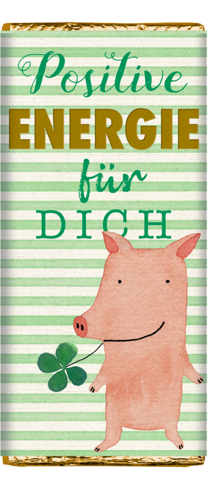 Gezeichnetes Schwein hält ein Kleeblatt auf einer Schokoladenverpackung mit gestreiftem Hintergrund und Text: Positive Energie für Dich.