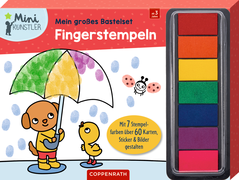 Mein großes Bastelset: Fingerstempeln Verpackung des Fingerstempel-Sets: Hund & Ente mit bunten Stempelkissen und deutschem Text für Kinder ab 3 Jahren.