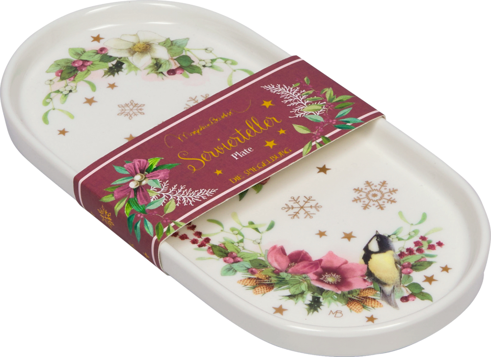 Ovaler weißer Servierteller mit Blumen-, Schneeflocken- und Vogelmotiv sowie weinrotem Papierband mit goldener Aufschrift.