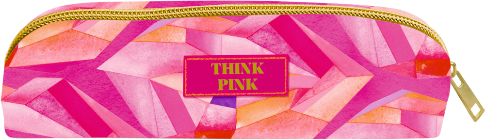 Etui - All about pink Pinkes Federmäppchen mit Goldreißverschluss und gelbem Schriftzug „THINK PINK“ auf dem Etikett.