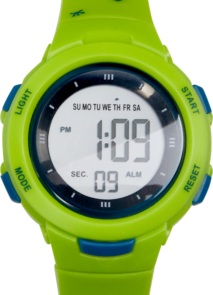 Grüne digitale Armbanduhr zeigt 1:09 Uhr an; hat Tasten für Licht, Modus, Start und Reset.