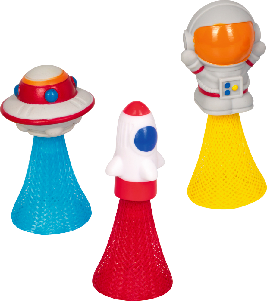 Weltall-Springer - Bunte Geschenke Drei Mesh-Springer-Spielzeuge: UFO auf Blau, Rakete auf Rot und Astronaut auf gelbem Mesh.