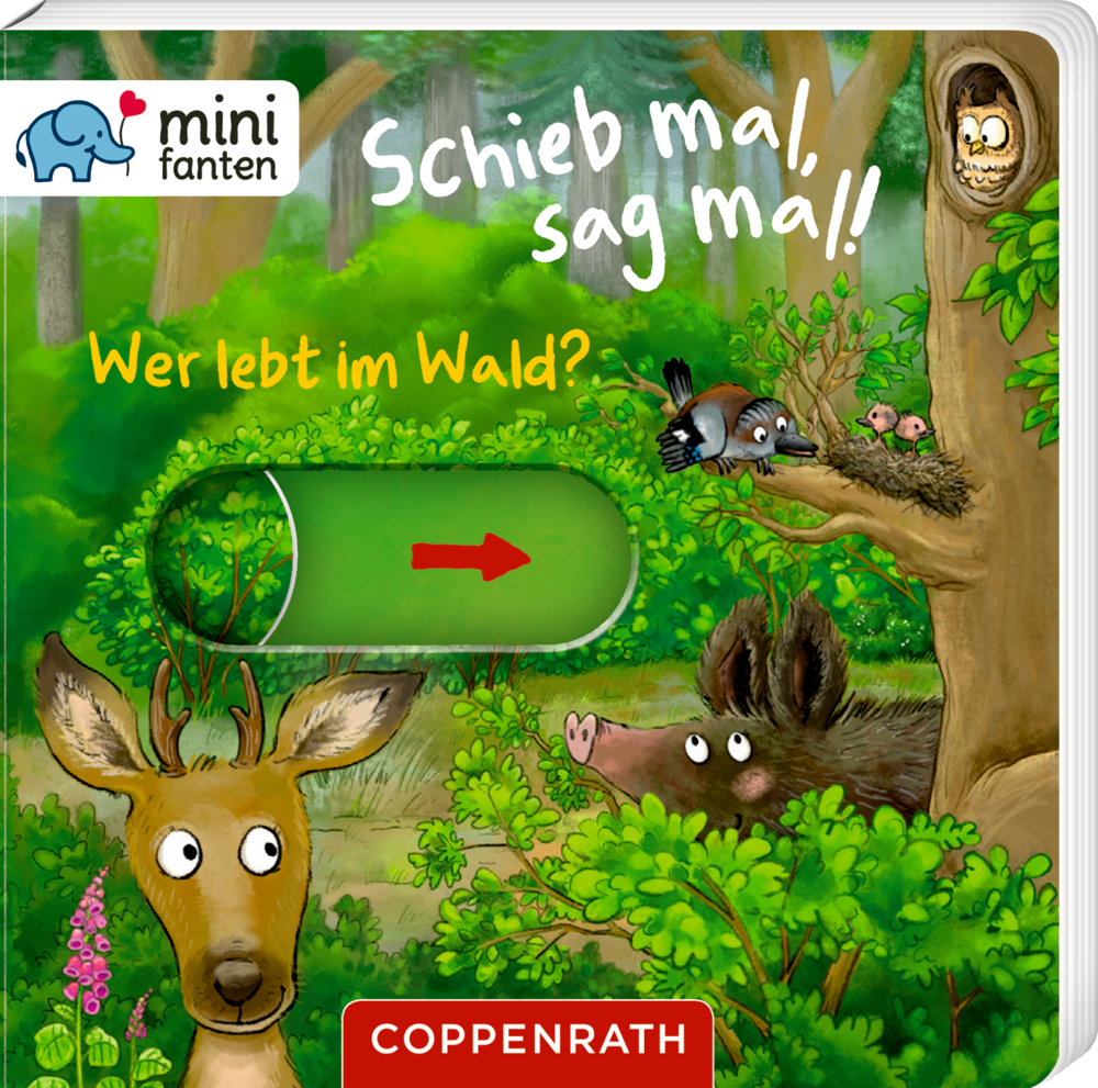 Illustration: Waldszene mit einem Reh, einem Wildschwein, Vögeln im Nest und Text auf einem Kinderbuchcover.