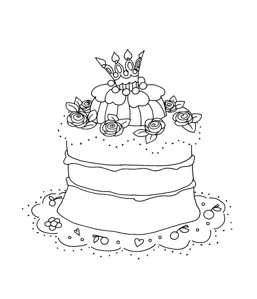 Zweistöckige Torte mit Blumen und Krone verziert, auf einer Spitzendecke mit Herzen und Blumen.