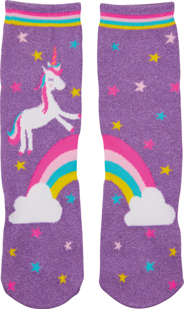 Lila Socken mit Einhorn-, Regenbogen- und Sternmotiven.