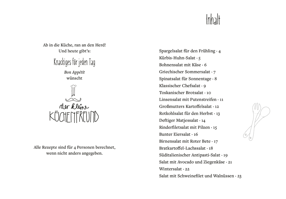 Zwei Buchinnenseiten, links eine verspielte Einleitung, rechts ein Inhaltsverzeichnis.