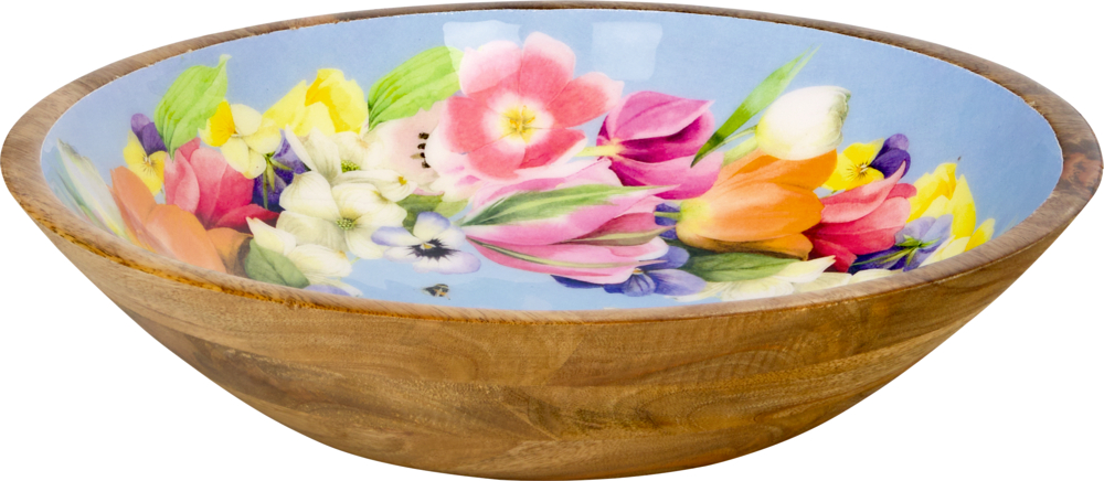 Holzschale mit hellblauem Inneren und buntem, lebhaftem Blumenmuster.