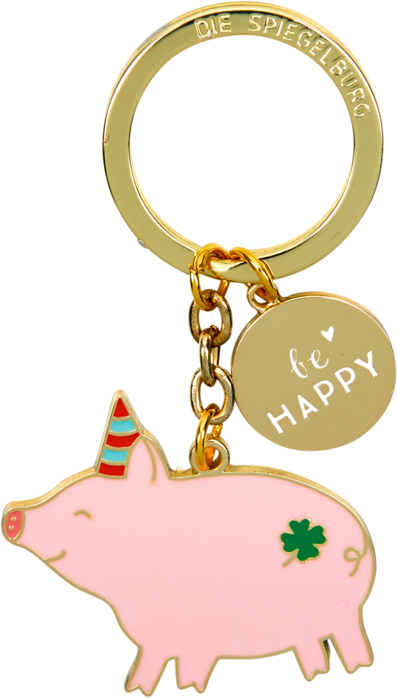 Goldener Schlüsselanhänger mit rosa Schweinchenanhänger, Kleeblatt, Partyhut und rundem „Be HAPPY“-Schild.