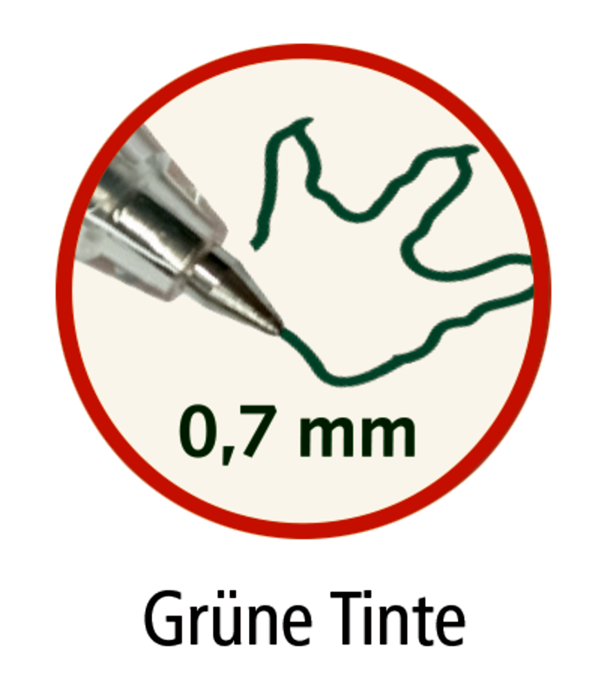 Kugelschreiberspitze mit grüner Linie und Aufdruck „0,7 mm“. Hinweistext "Grüne Tinte".