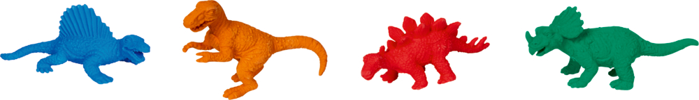 3D-Radierer - T-Rex World Vier Spielzeugdinosaurier – blau, orange, rot und grün – in verschiedenen Posen auf weißem Hintergrund.