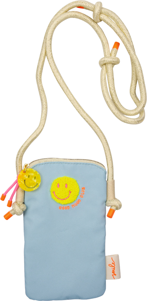 Hellblaues Handytäschchen mit Smiley-Gesicht und Aufschrift good mood club, Kordelträger, Smiley-Schlüsselanhänger.
